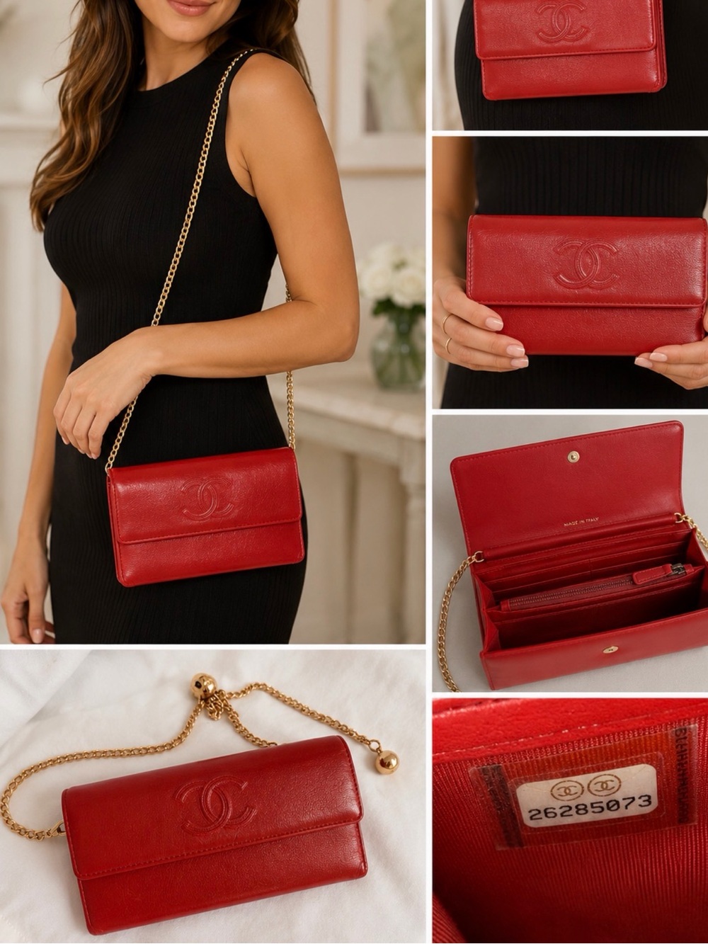 Authentic Chanel Red Lambskin Long Wallet CC Logo Series 26 w/ Added Chain